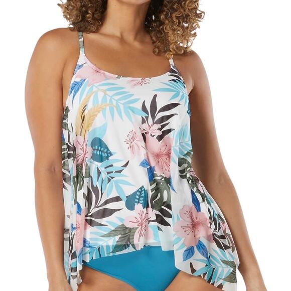 Coco Reef Women’s Palm Print Mesh Overlay Tankini Swimsuit Top Blue Size 32 DD